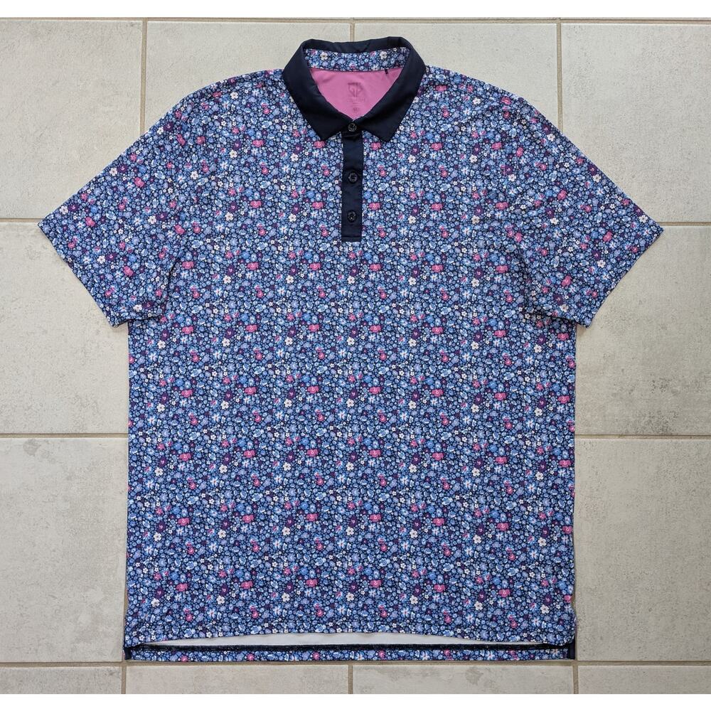 Graham Luxe Men's XL Maddox Golf Polo Shirt Blue Floral Short Sleeve Stretch